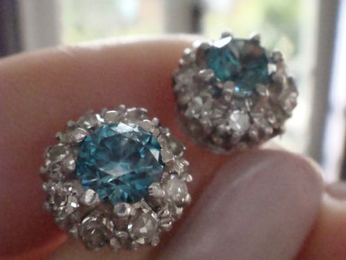 EDWARDIAN 18CT WHITE GOLD NATURAL BLUE ZIRCON DIAMOND CLUSTER EARRINGS - ADDITIONAL PHOTO 4