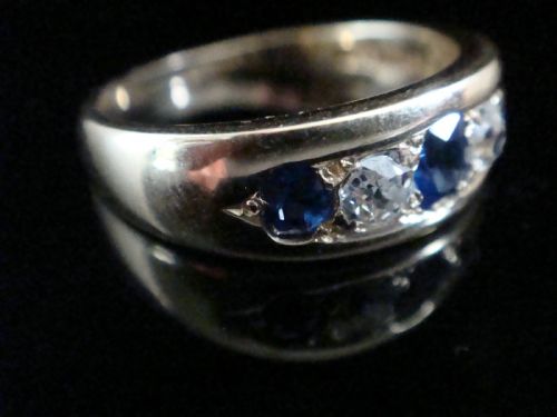 VICTORIAN 18CT YELLOW GOLD NATURAL SAPPHIRE OLD CUT DIAMOND 5 STONE GYPSY RING - ADDITIONAL PHOTO 2