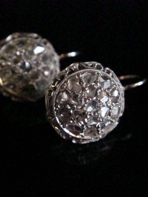 edwardian 18ct white gold french rose cut diamond earrings - CATEGORY: ANTIQUE JEWELLERY - DATED EDWARDIAN