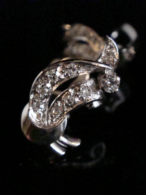 ART DECO 1920S 18CT WHITE GOLD OLD CUT CUT DIAMOND FAN CLIP EARRINGS - ADDITIONAL PHOTO 1