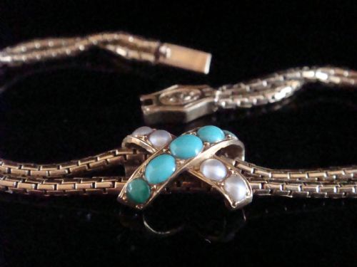 VICTORIAN 15CT ROSE GOLD LOVERS KNOT TURQUOISE AND PEARL SNAKE BRACELET 108G - ADDITIONAL PHOTO 1