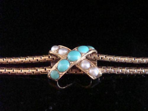 VICTORIAN 15CT ROSE GOLD LOVERS KNOT TURQUOISE AND PEARL SNAKE BRACELET 108G - ADDITIONAL PHOTO 2