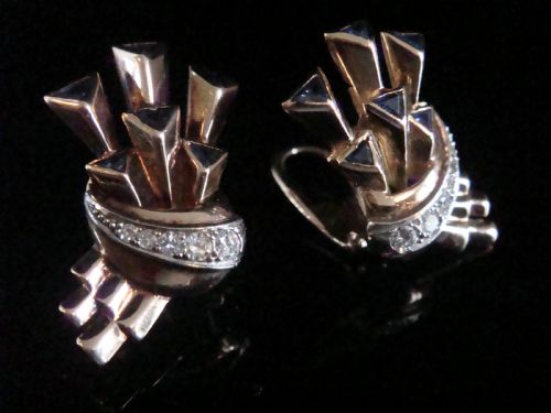 VINTAGE 1950S RETRO 18CT SAPPHIRE DIAMOND STAR COMET FAN CLIP EARRINGS - ADDITIONAL PHOTO 1