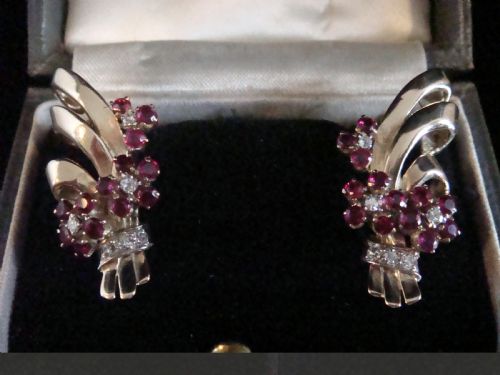 VINTAGE 1950S RETRO 18CT NATURAL RUBY DIAMOND FLOWER FAN CLIP EARRINGS - ADDITIONAL PHOTO 6