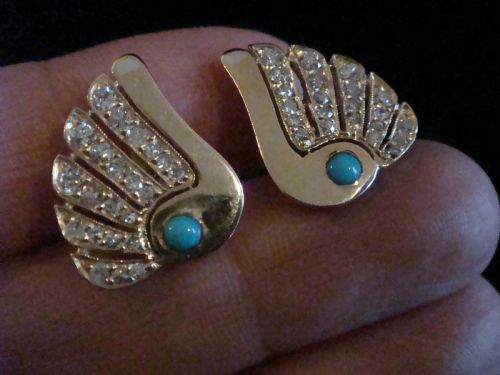 VINTAGE 1950S RETRO 18CT NATURAL TURQUOISE OLD EIGHT CUT DIAMOND FAN EARRINGS - ADDITIONAL PHOTO 1