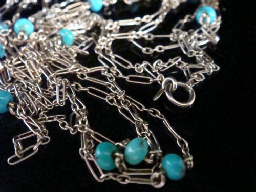 STUNNING 9CT EDWARDIAN TURQUOISE PAPERCLIP LINK LONGUARD CHAIN 64G 56 INCHES - ADDITIONAL PHOTO 2