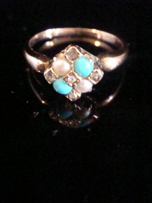 EDWARDIAN 18CT ROSE GOLD TURQUOISE OLD CUT DIAMOND PEARL CLUSTER RING - ADDITIONAL PHOTO 2