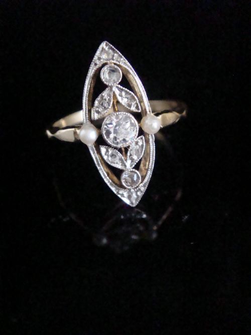 edwardian french 18ct yellow gold diamond pearl navette marquis ring - CATEGORY: ANTIQUE JEWELLERY - DATED EDWARDIAN