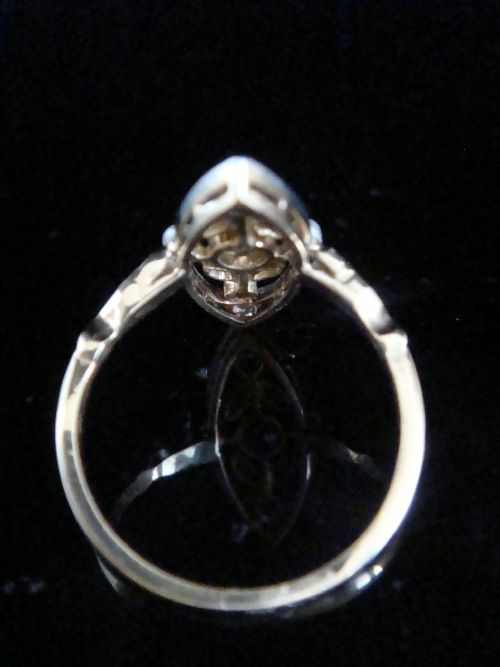 EDWARDIAN FRENCH 18CT YELLOW GOLD DIAMOND PEARL NAVETTE MARQUIS RING - ADDITIONAL PHOTO 2