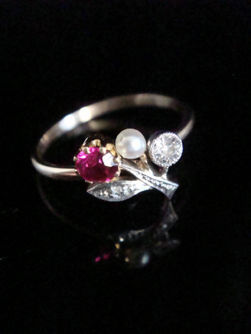 edwardian french 18ct yellow gold natural ruby diamond and natural pearl ring - CATEGORY: ANTIQUE JEWELLERY - DATED EDWARDIAN