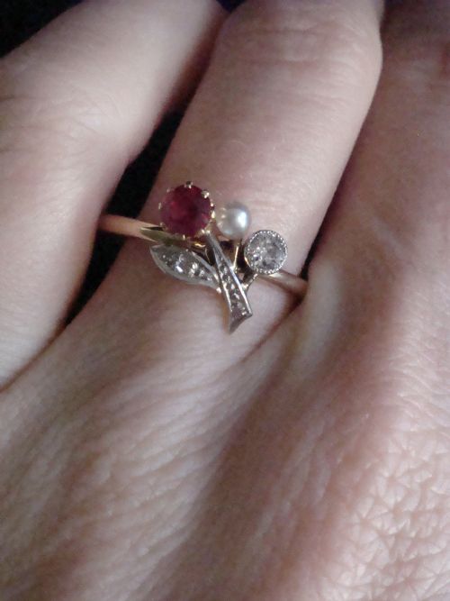 EDWARDIAN FRENCH 18CT YELLOW GOLD NATURAL RUBY DIAMOND AND NATURAL PEARL RING - ADDITIONAL PHOTO 2