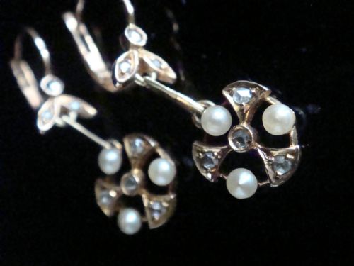 FRENCH EDWARDIAN 18CT YELLOW GOLD NATURAL PEARL DIAMOND DORMEUSE DROP EARRINGS - ADDITIONAL PHOTO 1