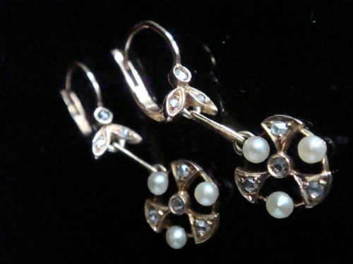 FRENCH EDWARDIAN 18CT YELLOW GOLD NATURAL PEARL DIAMOND DORMEUSE DROP EARRINGS - ADDITIONAL PHOTO 2