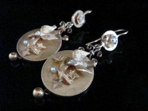 stunning victorian 15ct 18ct yellow gold natural pearl dove drop earrings - CATEGORY: ANTIQUE JEWELLERY - DATED VICTORIAN