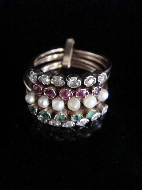 EDWARDIAN 18CT ROSE GOLD EMERALD RUBY DIAMOND PEARL HAREM STACKING RING BAND - ADDITIONAL PHOTO 1