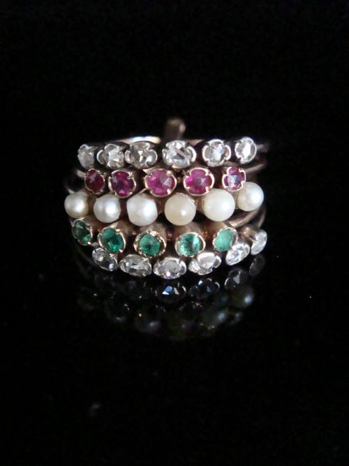 EDWARDIAN 18CT ROSE GOLD EMERALD RUBY DIAMOND PEARL HAREM STACKING RING BAND - ADDITIONAL PHOTO 2
