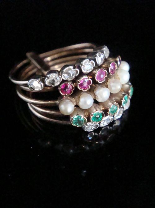 EDWARDIAN 18CT ROSE GOLD EMERALD RUBY DIAMOND PEARL HAREM STACKING RING BAND - ADDITIONAL PHOTO 3