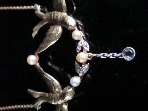 EDWARDIAN 18CT YELLOW GOLD ROSE CUT DIAMOND NATURAL PEARL SWALLOW NECKLACE - ADDITIONAL PHOTO 1