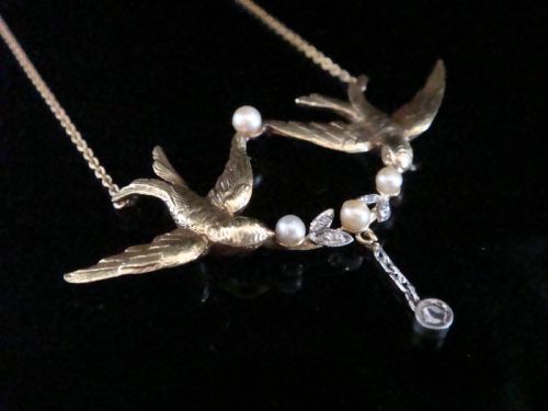EDWARDIAN 18CT YELLOW GOLD ROSE CUT DIAMOND NATURAL PEARL SWALLOW NECKLACE - ADDITIONAL PHOTO 2