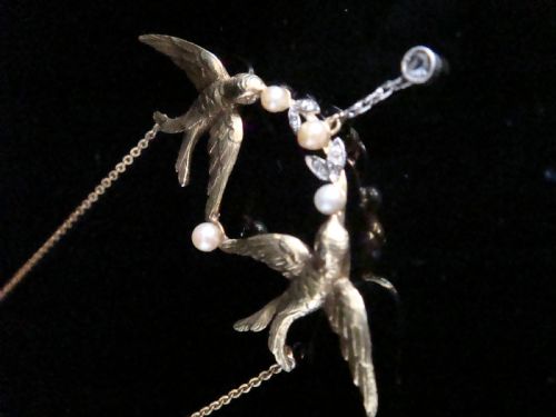 EDWARDIAN 18CT YELLOW GOLD ROSE CUT DIAMOND NATURAL PEARL SWALLOW NECKLACE - ADDITIONAL PHOTO 3