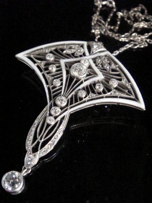 ART NOUVEAU PLATINUM DIAMOND WHITE ENAMEL LAVALIERE NECKLACE AND BROOCH ON PLAT CHAIN - ADDITIONAL PHOTO 1