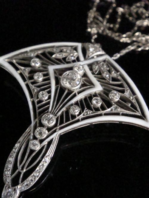 ART NOUVEAU PLATINUM DIAMOND WHITE ENAMEL LAVALIERE NECKLACE AND BROOCH ON PLAT CHAIN - ADDITIONAL PHOTO 2