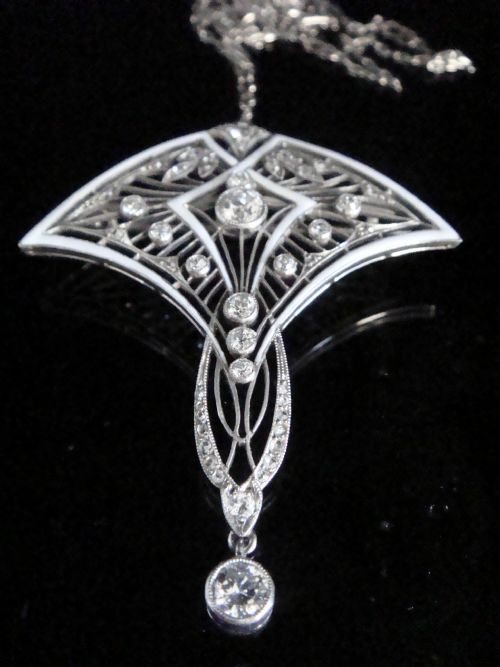 ART NOUVEAU PLATINUM DIAMOND WHITE ENAMEL LAVALIERE NECKLACE AND BROOCH ON PLAT CHAIN - ADDITIONAL PHOTO 4