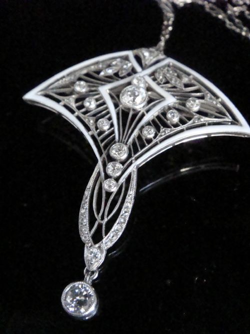 ART NOUVEAU PLATINUM DIAMOND WHITE ENAMEL LAVALIERE NECKLACE AND BROOCH ON PLAT CHAIN - ADDITIONAL PHOTO 5