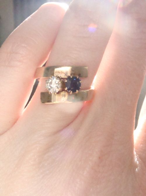 1940S RETRO 18CT NATURAL SAPPHIRE AND DIAMOND DESIGNER TOI ET MOI 2 STONE RING - ADDITIONAL PHOTO 7