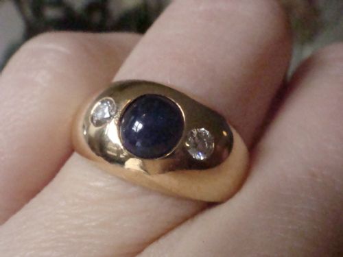 FRENCH 18CT YELLOW GOLD NATURAL CABOCHON SAPPHIRE DIAMOND 3 STONE GYPSY RING - ADDITIONAL PHOTO 2