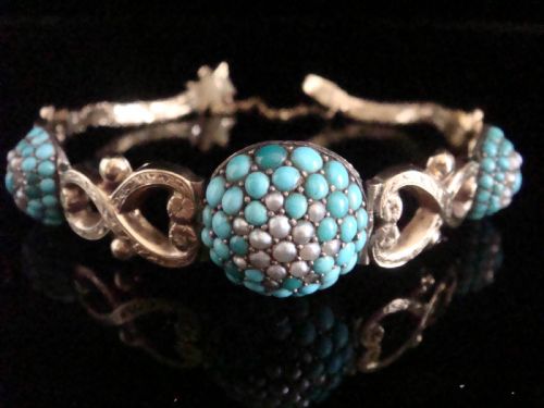 victorian 9ct 9k turquoise bombe cluster bracelet 163g very rare - CATEGORY: ANTIQUE JEWELLERY - DATED VICTORIAN