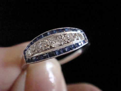 FRENCH ART DECO PLATINUM SAPPHIRE AND OLD CUT DIAMOND PAVE 5 STONE RING - ADDITIONAL PHOTO 3