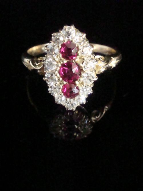 edwardian fine quality 18ct yellow gold natural ruby diamond marquis ring - CATEGORY: ANTIQUE JEWELLERY - DATED EDWARDIAN