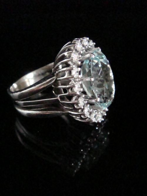 14CT 1940S VINTAGE WHITE GOLD NATURAL AQUAMARINE 6CT DIAMOND 112CT RING - ADDITIONAL PHOTO 3