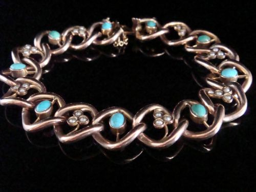 edwardian 9ct rose gold turquoise seed pearl bracelet 132g - CATEGORY: ANTIQUE JEWELLERY - DATED EDWARDIAN