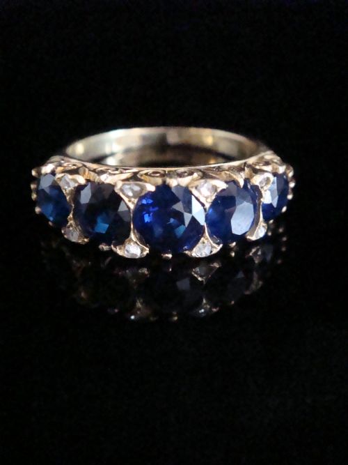 victorian 18ct yellow gold natural certificated sapphire no heat old cut diamond 5 stone boat ring - CATEGORY: ANTIQUE JEWELLERY - DATED VICTORIAN
