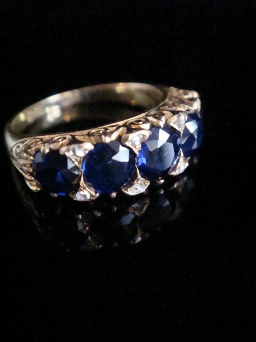 VICTORIAN 18CT YELLOW GOLD NATURAL CERTIFICATED SAPPHIRE NO HEAT OLD CUT DIAMOND 5 STONE BOAT RING - ADDITIONAL PHOTO 2