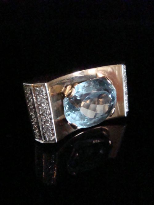 EDWARDIAN FRENCH TANK 18CT PLATINUM BLUE TOPAZ DIAMOND SET RING - ADDITIONAL PHOTO 1