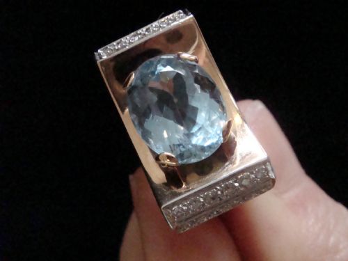 EDWARDIAN FRENCH TANK 18CT PLATINUM BLUE TOPAZ DIAMOND SET RING - ADDITIONAL PHOTO 3