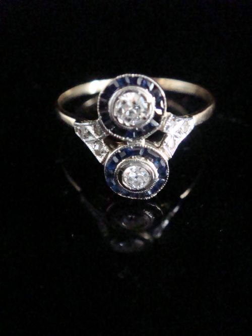 edwardian 18ct platinum natural calibre cut sapphire diamond toi et moi ring - CATEGORY: ANTIQUE JEWELLERY - DATED EDWARDIAN