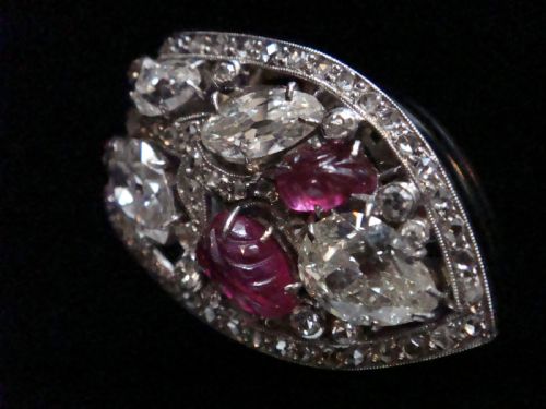 EDWARDIAN FRENCH PLATINUM CARVED RUBY OLD CUT DIAMOND 320CT CLIP BROOCH PENDANT - ADDITIONAL PHOTO 1