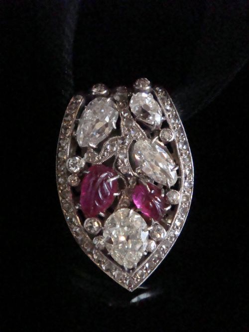 EDWARDIAN FRENCH PLATINUM CARVED RUBY OLD CUT DIAMOND 320CT CLIP BROOCH PENDANT - ADDITIONAL PHOTO 2