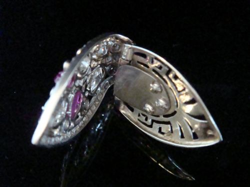 EDWARDIAN FRENCH PLATINUM CARVED RUBY OLD CUT DIAMOND 320CT CLIP BROOCH PENDANT - ADDITIONAL PHOTO 5