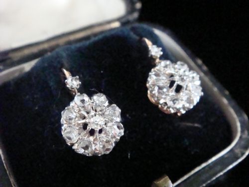 edwardian french 18ct platinum rose cut diamond cluster earrings - CATEGORY: ANTIQUE JEWELLERY - DATED EDWARDIAN