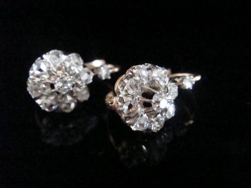 EDWARDIAN FRENCH 18CT PLATINUM ROSE CUT DIAMOND CLUSTER EARRINGS - ADDITIONAL PHOTO 1