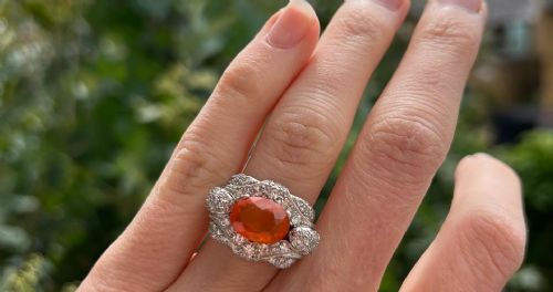 ART DECO PLATINUM HUGE NATURAL FIRE OPAL 3CT AND DIAMOND TANK RING - ADDITIONAL PHOTO 6