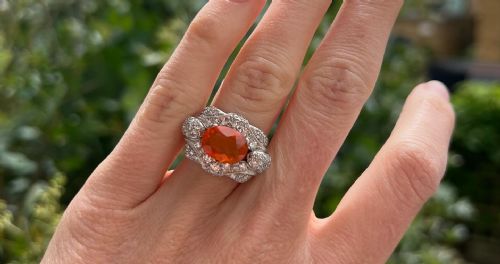 ART DECO PLATINUM HUGE NATURAL FIRE OPAL 3CT AND DIAMOND TANK RING - ADDITIONAL PHOTO 7