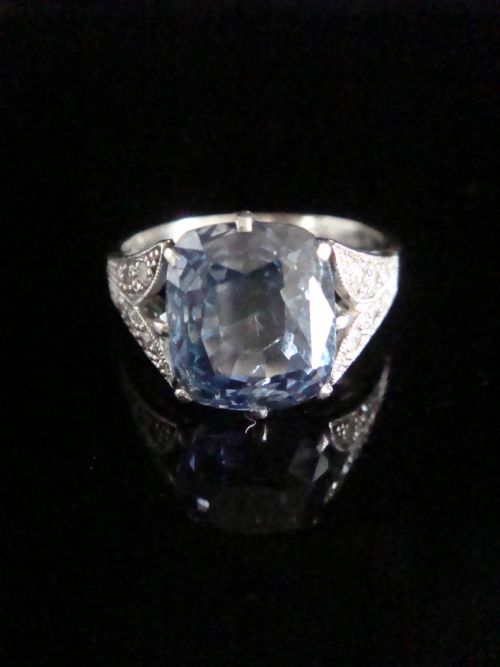 fine edwardian 18ct white gold platinum natural cushion cut ceylon sapphire diamond ring - CATEGORY: ANTIQUE JEWELLERY - DATED EDWARDIAN