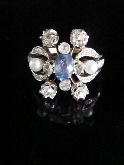 edwardian french 18ct yellow gold platinum ceylon sapphire diamond pearl ring - CATEGORY: ANTIQUE JEWELLERY - DATED EDWARDIAN