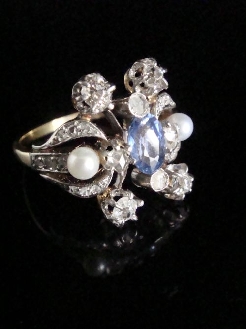 EDWARDIAN FRENCH 18CT YELLOW GOLD PLATINUM CEYLON SAPPHIRE DIAMOND PEARL RING - ADDITIONAL PHOTO 1